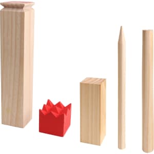 A Premium Wooden Kubb Set featuring natural wood pieces in various shapes and a red crown-shaped piece.