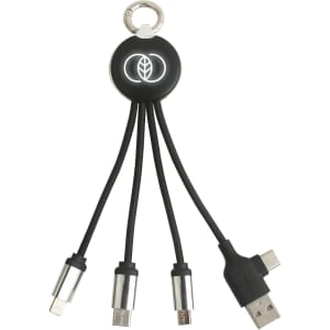 A round, black light-up multi charging cable with several detachable connectors and a keyring attachment.