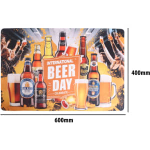 A rubber counter mat featuring various beer bottles and glasses with vibrant colours, including an event theme.