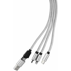A silver charging cable with three connectors, featuring a keyring attachment. Ideal for charging multiple devices.