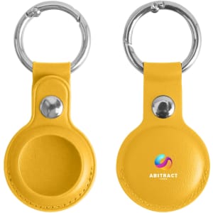 A yellow PU leather AirTag holder with a keyring, featuring a branding logo.