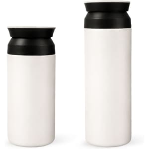 A drink bottle set featuring a black and white double wall stainless steel design in 350ML and 500ML sizes.