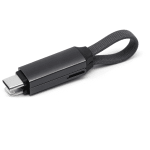 A black 60W 3-In-1 aluminium charging cable with a textured loop for easy carrying. Includes a logo.