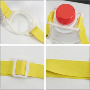 A drink bottle with a white lanyard strap in vibrant yellow and a red cap, featuring a branded logo.