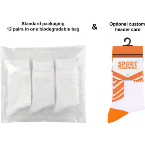 A packaged set of 12 pairs of crew woven sport socks in white with an orange design. The packaging is biodegradable.