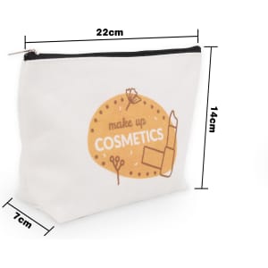 A white canvas cosmetic bag with a zip closure and a simple graphic design. Measures 22cm x 14cm x 7cm.