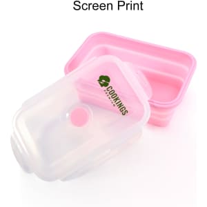 A pink collapsible silicone food storage container with a transparent lid, featuring a logo.