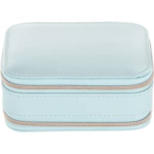 A light blue PU leather jewellery case with a zipped closure. It features a smooth surface and has a mirror inside.