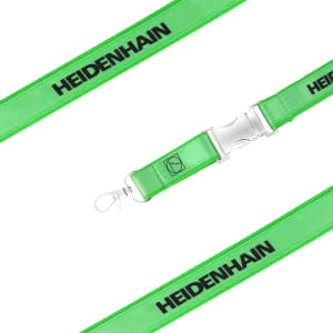 A green poly satin lanyard featuring a clip and branding, with a smooth, shiny finish.