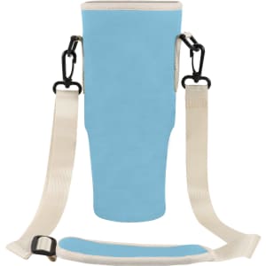 A drink bottle carrier bag in light blue with adjustable straps and clips for securing to a bottle.