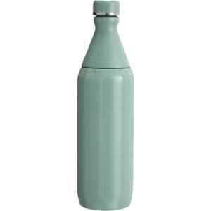 A drink bottle in a slim design with a mint green finish and a silver accent, featuring a logo.