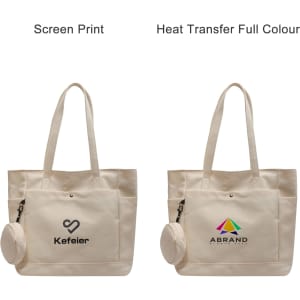 A beige canvas bag with two different designs, featuring a logo on each side. It has two handles and a detachable pouch.