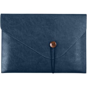 A navy PU leather folder with a button closure and a fold-over flap. It has a smooth, textured surface.