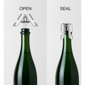 A stainless steel champagne stopper in chrome finish, displayed on a green champagne bottle, shown in open and sealed positions.