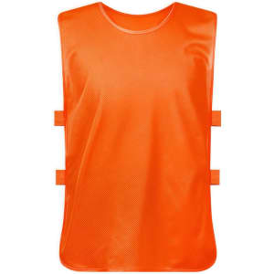 An orange mesh training bib featuring a strap design, made from 100% polyester material.