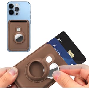 A brown PU magnetic card and Airtag holder, displaying a phone with a card inserted and a hand holding the holder.