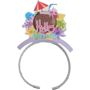 A headband featuring a colourful tropical design with a coconut, flowers, and the text "Hello Summer." It has a light purple band.