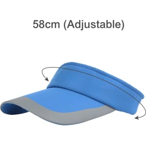 A blue and grey adjustable sun visor with a wide brim and a padded headband, including a logo.