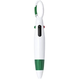 A white and green carabiner pen featuring a clip for attachment. It has buttons for functionality.