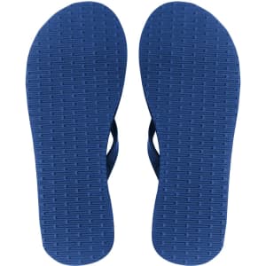 A pair of navy blue rubber flip-flops featuring a textured sole and a simple strap design, with a logo on the sole.