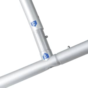 A silver metal frame with connecting joints, designed for a fabric display wall. It features blue logos on its sections.
