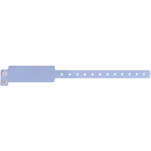 A light blue disposable PVC wristband with multiple holes and a fastening mechanism. It features a logo.