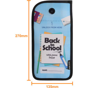 A lockable phone pouch in blue with a black border, featuring a branding logo and a name label.
