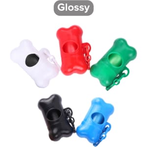 A selection of five glossy bone-shaped pet waste bag dispensers in red, green, white, and black.