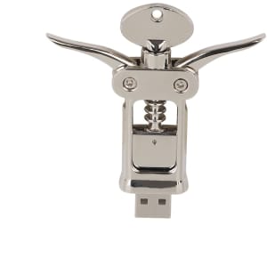 A corkscrew-shaped flash drive in shiny metallic silver, featuring a logo on the surface.