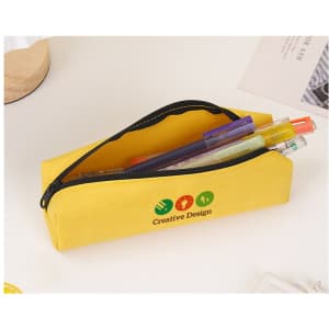 A yellow pencil case featuring a zip closure and a logo, filled with various pens and markers.
