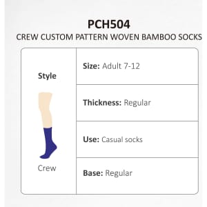 Crew custom pattern woven bamboo socks in blue, suitable for adults size 7-12, featuring a regular thickness.