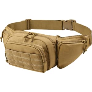 A tactical fanny pack in tan colour featuring multiple pockets and a logo. Ideal for carrying essentials securely.