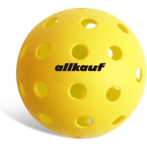 A yellow pickleball with holes, featuring a logo printed on its surface.