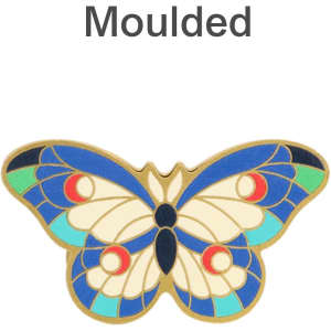 A moulded metal clip featuring a vibrant butterfly design with blue, green, red, and cream colours.