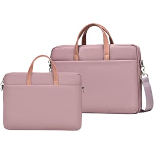 A pink sling laptop bag with a buffer pad, featuring two compartments and stylish brown handles.
