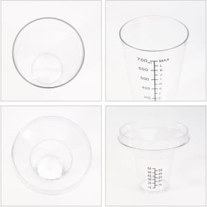 A drink bottle featuring a transparent design with a measuring cap and measurement markings. It has a logo on the side.
