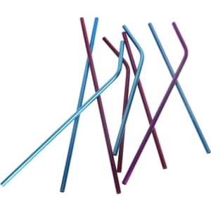 A collection of stainless steel straws in shades of blue and purple, arranged in a casual overlapping manner.