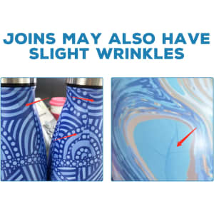 A drink bottle with a blue patterned design, featuring a stainless steel construction and a logo.