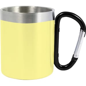 A drink bottle featuring a yellow exterior, stainless steel inner, and a black carabiner handle. It includes a logo.