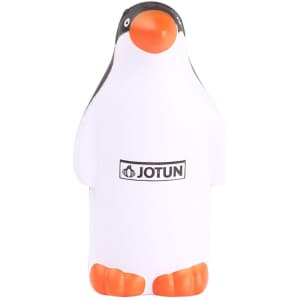 A penguin-shaped stress reliever featuring a white body, orange beak, and orange feet, with a logo on its front.