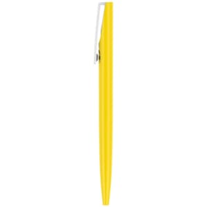 A yellow plastic pen with a silver clip, featuring a simple design and a branding logo.
