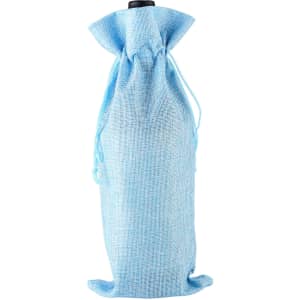 A light blue drawstring bag made of fabric, designed to hold a wine bottle. It has a logo.