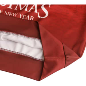 A red polyester spandex sweatshirt featuring a white inner lining and a logo, designed for Christmas and New Year.