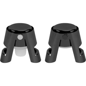A stainless steel champagne stopper in black, featuring a simple design and a logo.