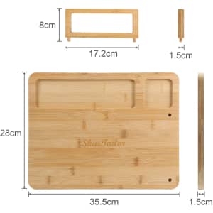 A bamboo cheese board with a knife set, featuring two cut-outs and a rectangular holder, measuring 35.5 cm by 28 cm.