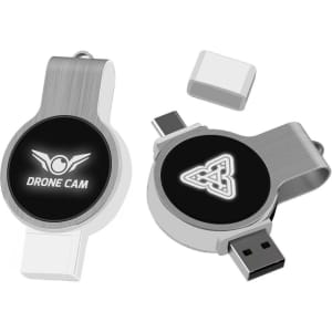 A double-ended swivel flash drive in silver and black with logos on both sides.