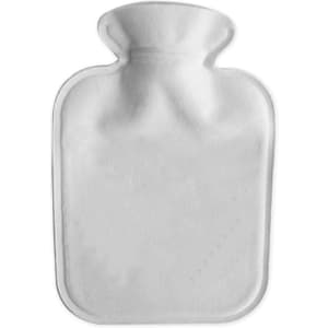 A white hot water bottle with a plush cover, featuring a rounded neck and a smooth surface.