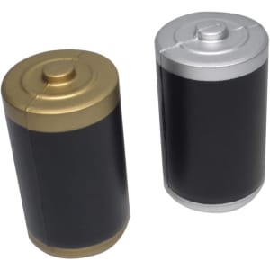 A battery-shaped stress reliever in gold and silver with a black body, featuring a branding logo.