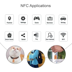A square NFC epoxy tag in a light colour, attached to a metal keyring with various application icons.