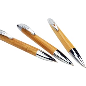 Three eco-friendly bamboo click pens with chrome accents, showcasing a natural wood finish.
